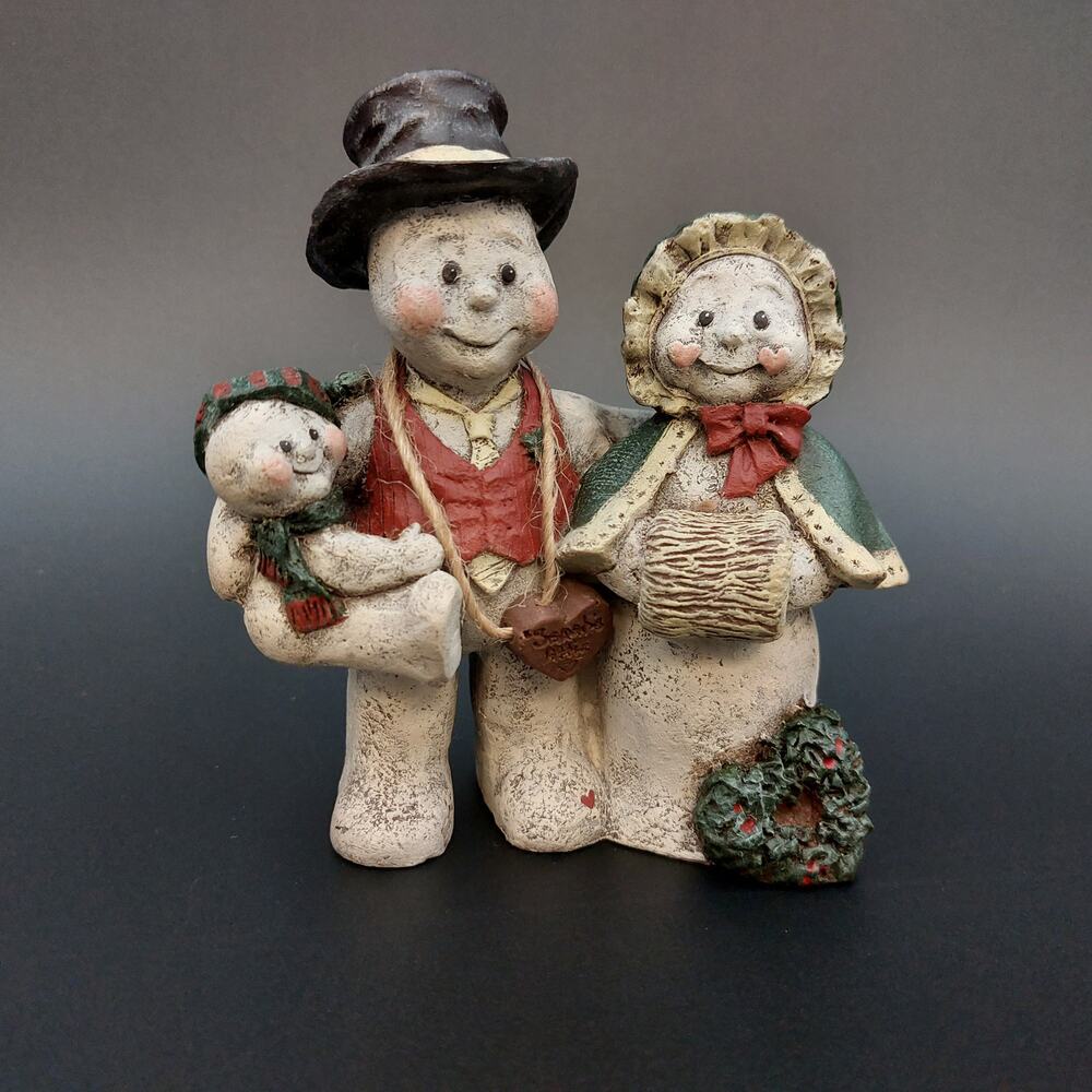 Sarahs Attic Snowman Family Christmas Love Figurine 1992 Vtg Primitive Folk Art